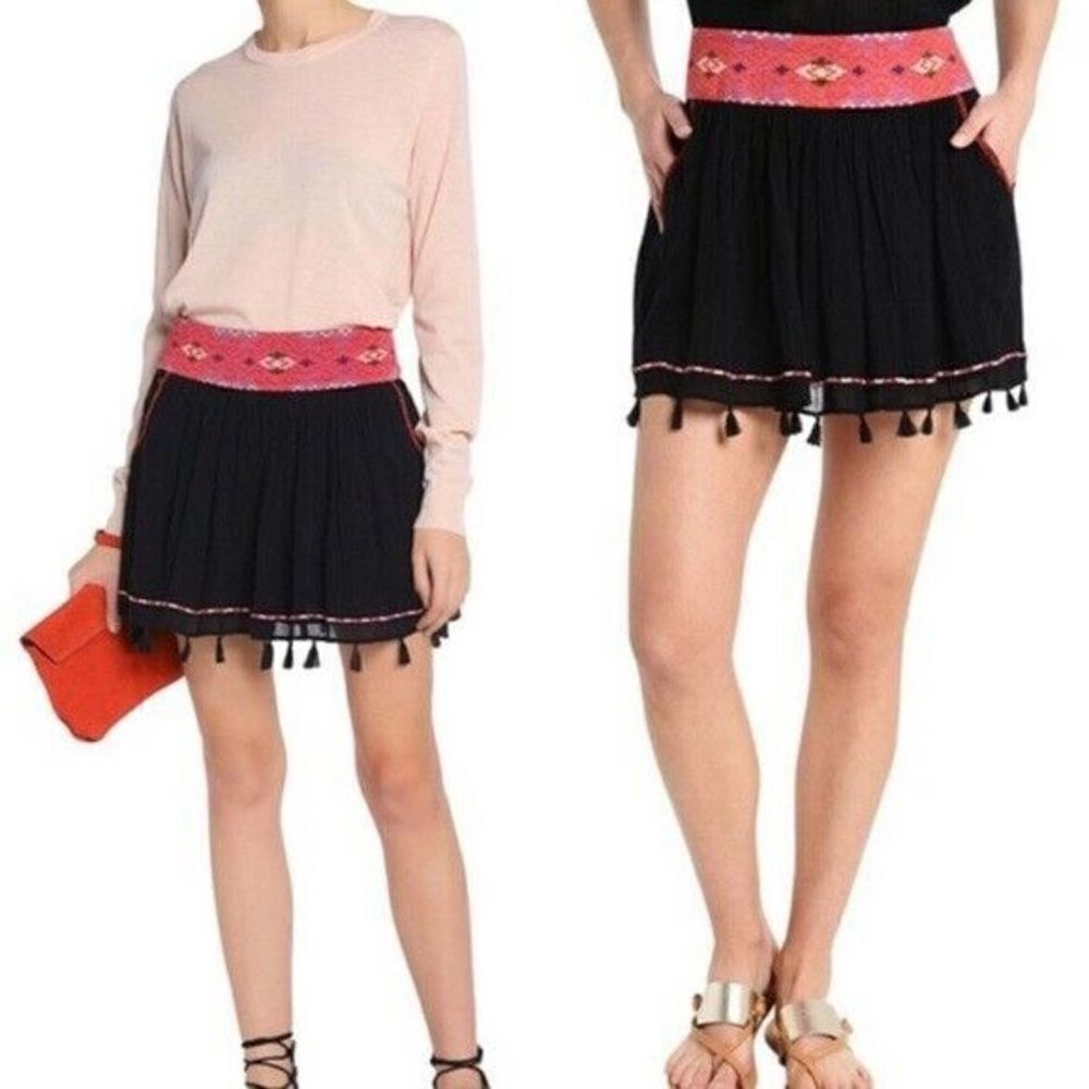 joie Posey Caviar Tassel Embroidered Mini Skirt With Pockets 100% Cotton Small